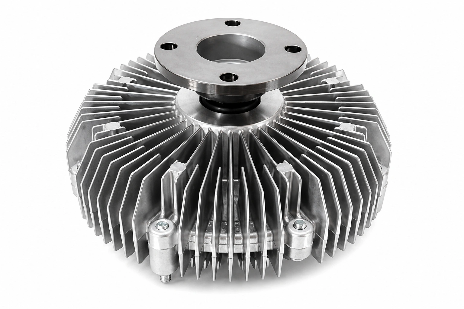 A356 aluminum cast finned fan-clutch housing with a machined mounting flange