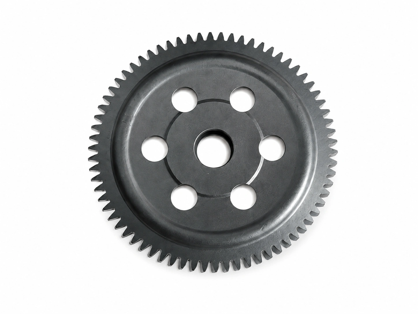Carbon & low-alloy steel casting gear component with precision-cut teeth and multiple center holes on a white background.
