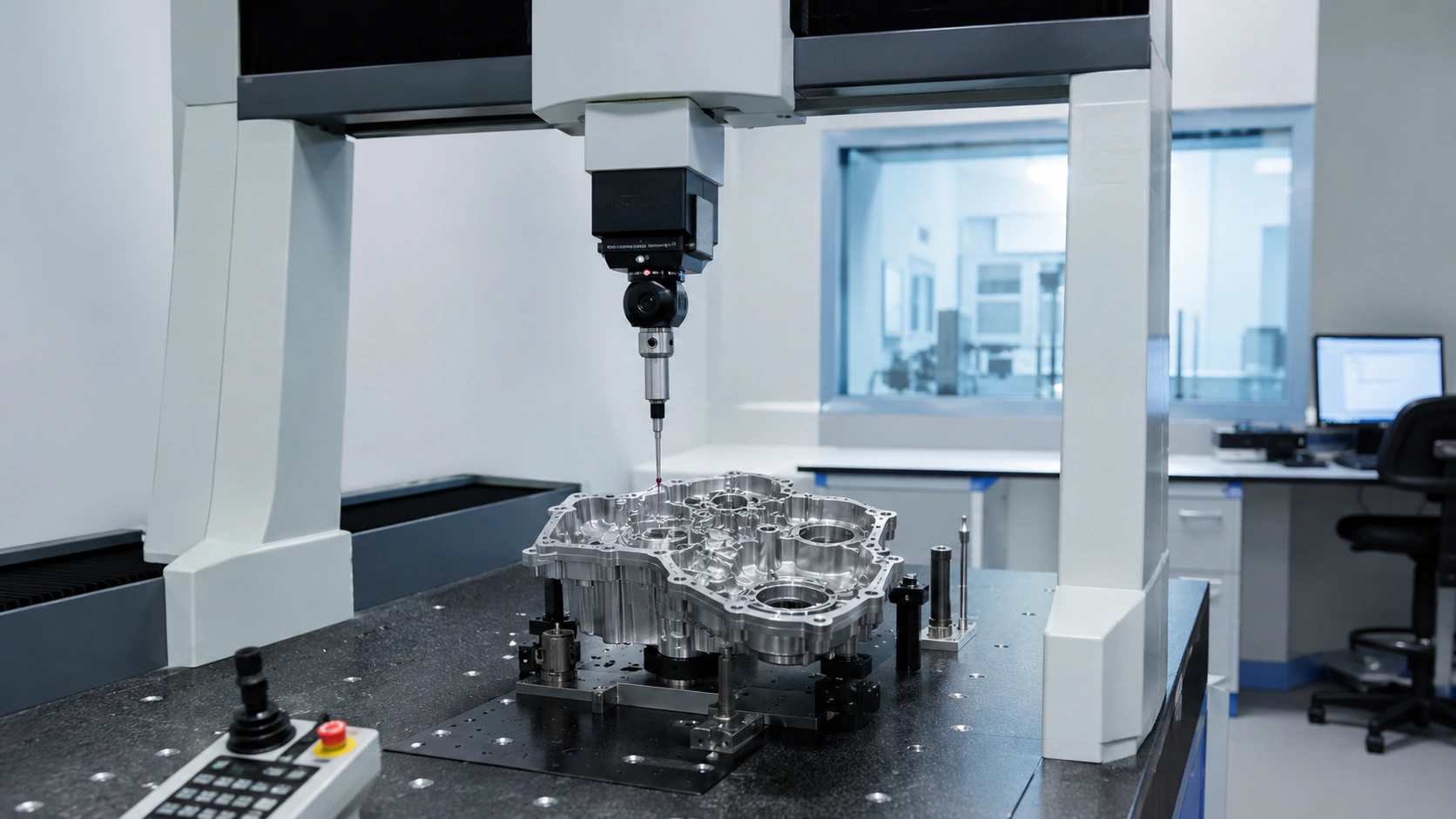 Coordinate measuring machine inspecting a precision-machined component