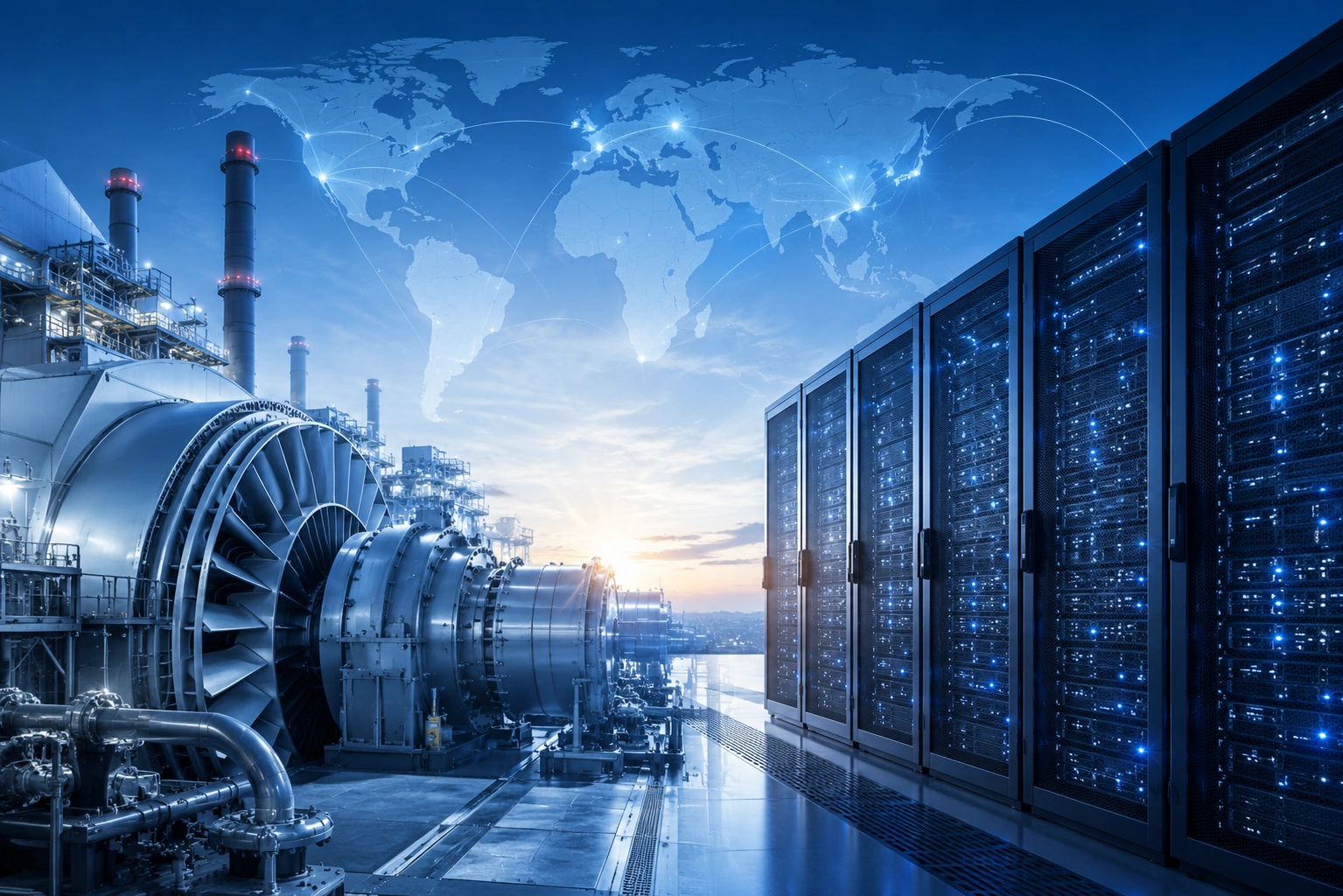 Data center power infrastructure with turbine generation, server facilities, and electrical distribution