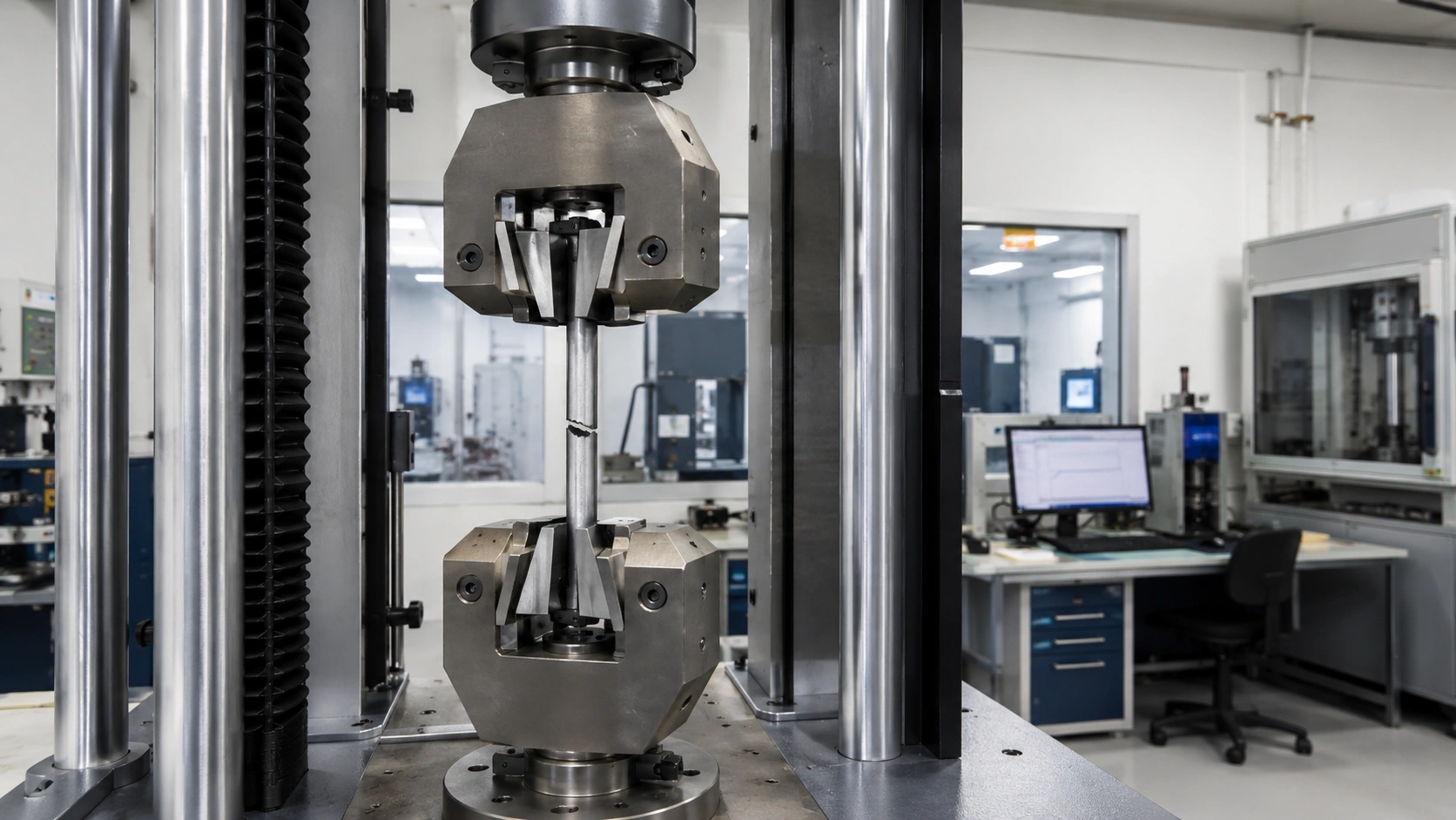 Universal testing machine performing tensile testing on a metal specimen
