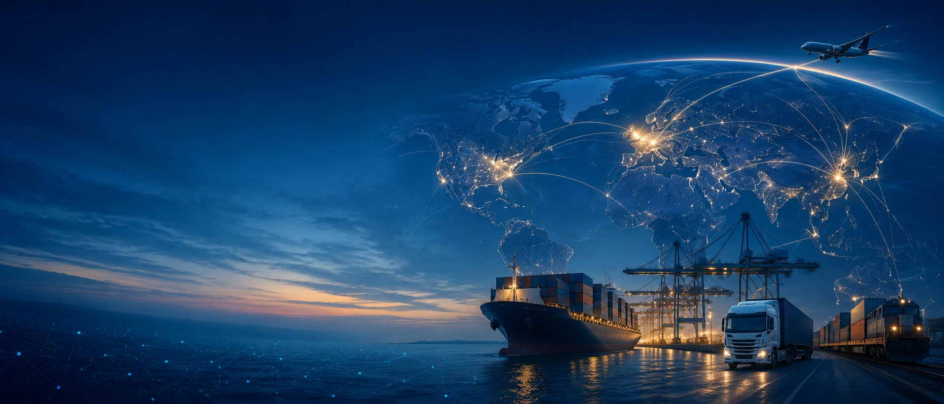 Global manufacturing and logistics network connecting production, freight, customs, and distribution