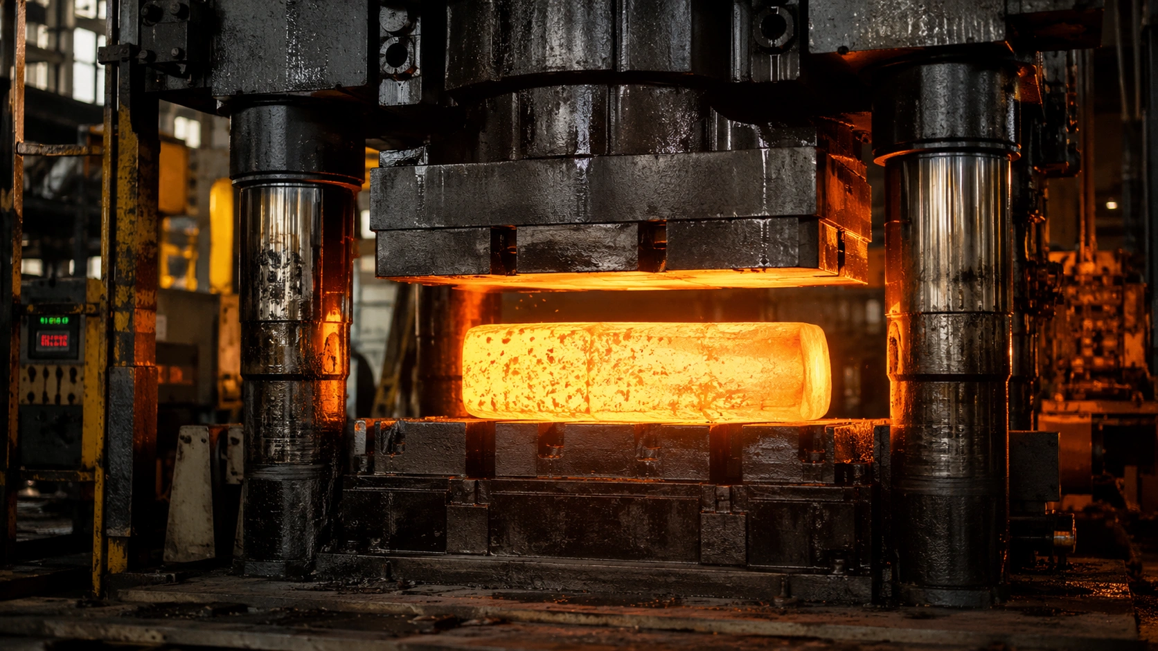 Hot metal billet positioned beneath a hydraulic forging press for precision shaping in an industrial forge.
