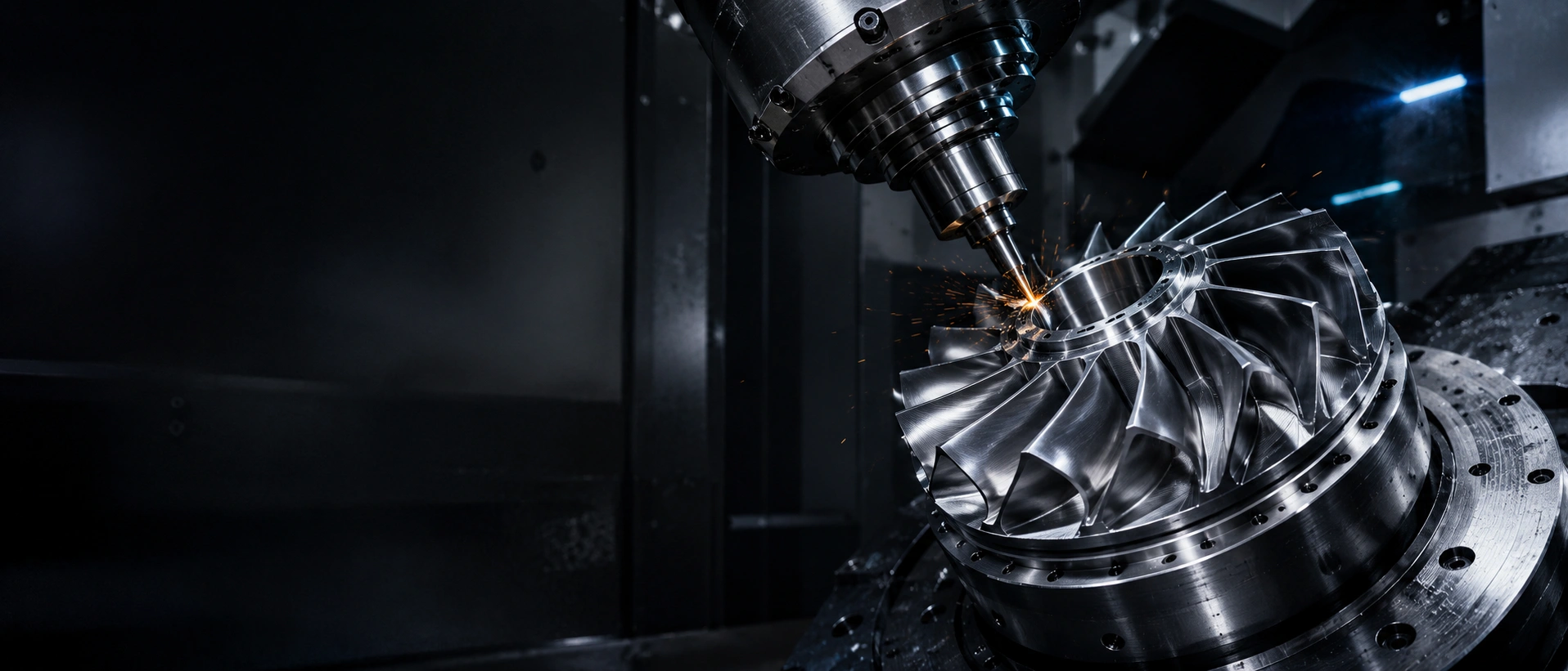 5-axis CNC machining an Inconel 718 turbine impeller inside a high-precision machining center