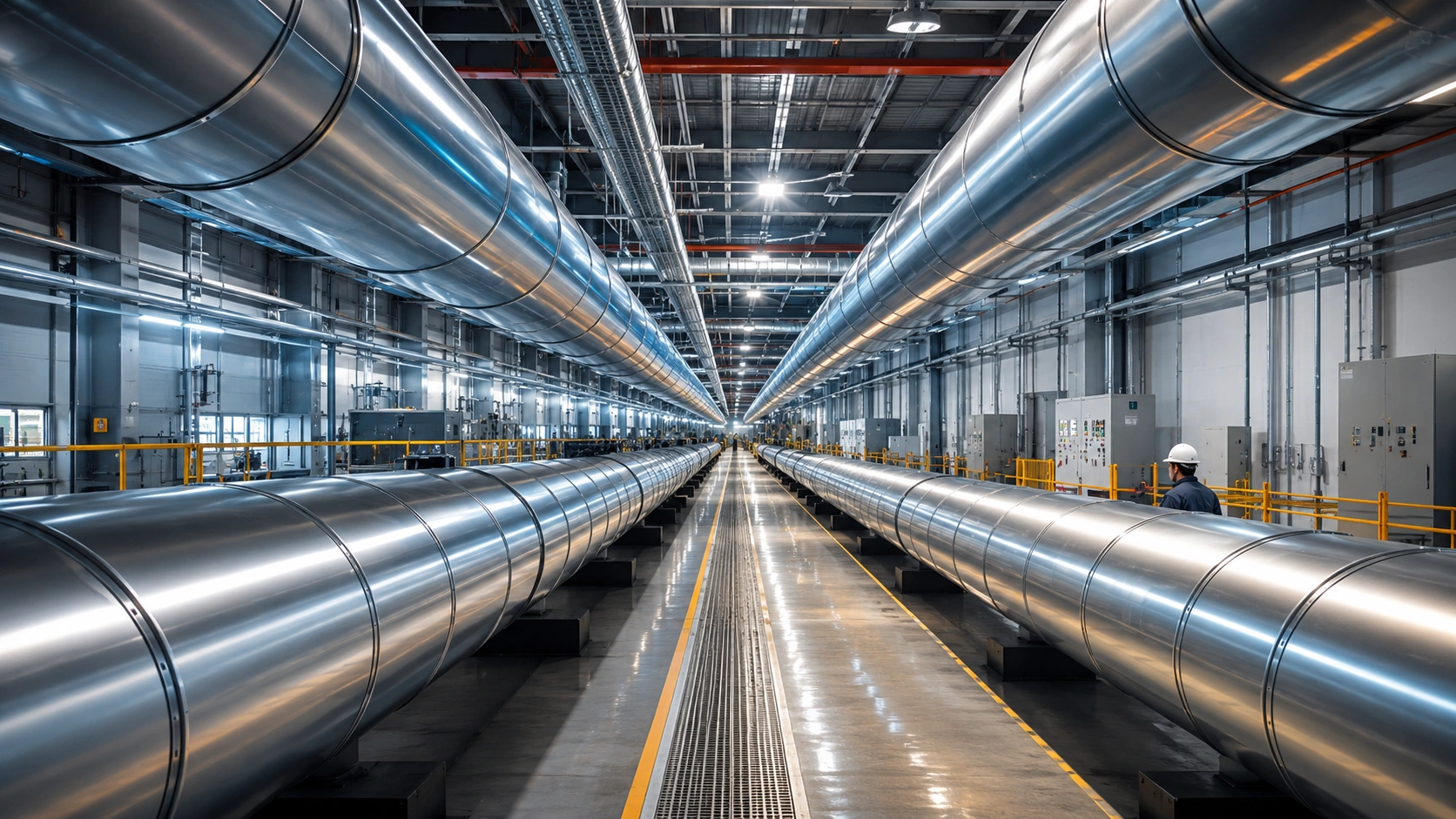 Industrial HVAC facility with ductwork, piping, valves, pumps, and flow-control equipment