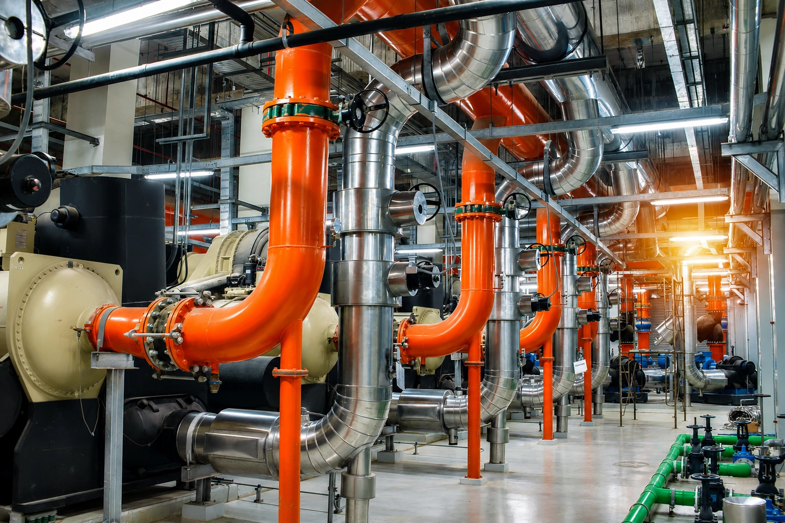Industrial HVAC mechanical room with piping, valves, pumps, and flow-control equipment