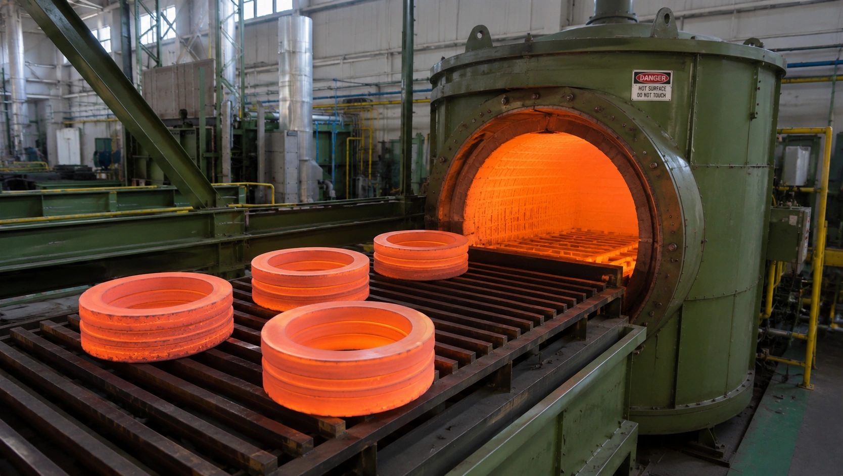 Four glowing metal rings undergoing industrial heat treatment beside an open high-temperature furnace in a manufacturing facility