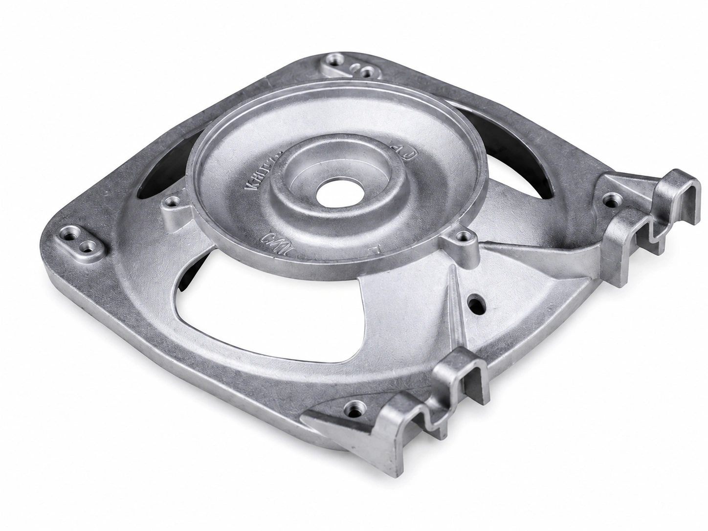 Precision zinc die-cast motor housing support bracket with structural ribs, mounting holes, and a central bearing opening on a white background.