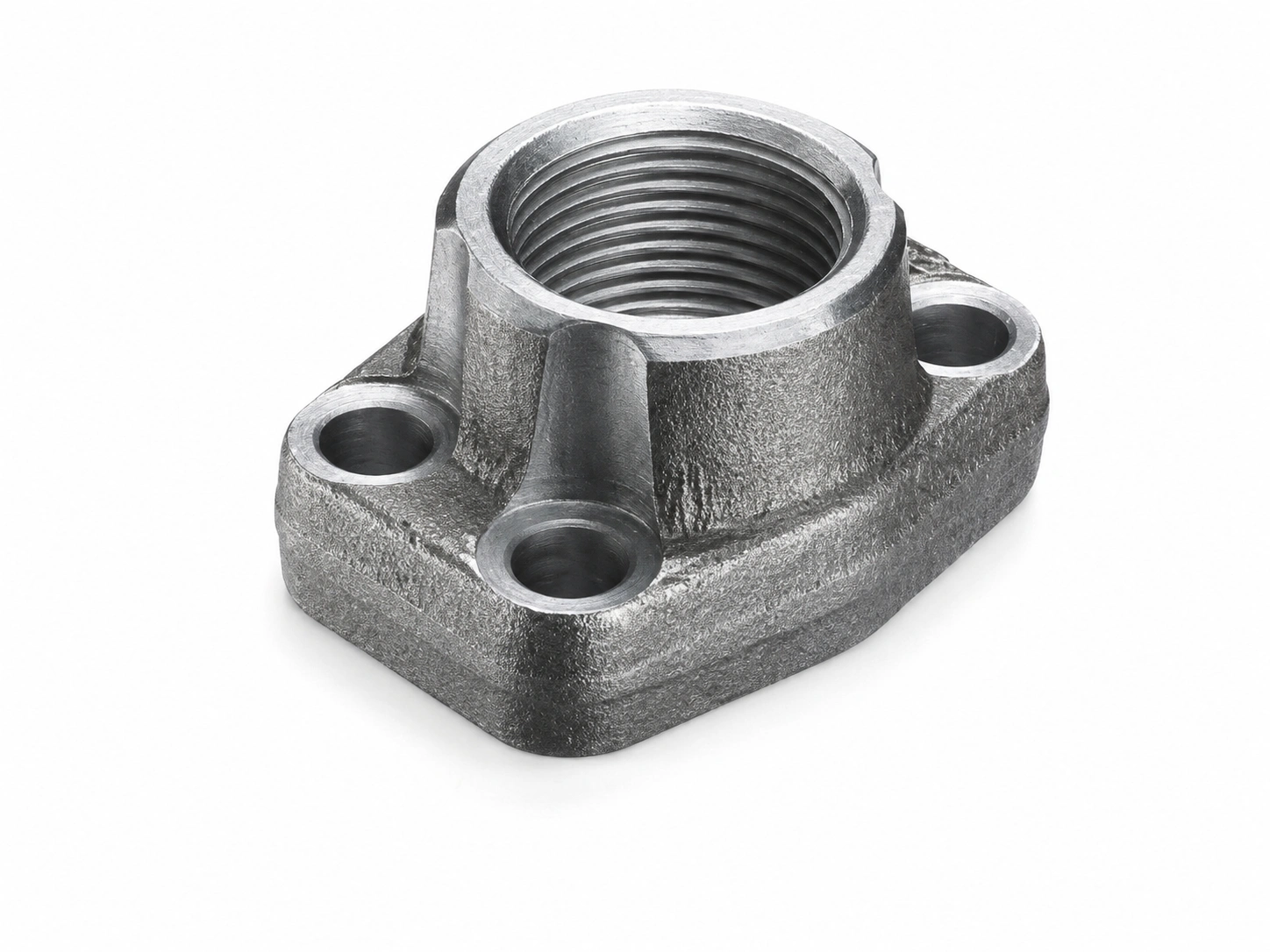 Sand-cast metal threaded flange housing with three mounting holes and reinforced ribs on a white background.