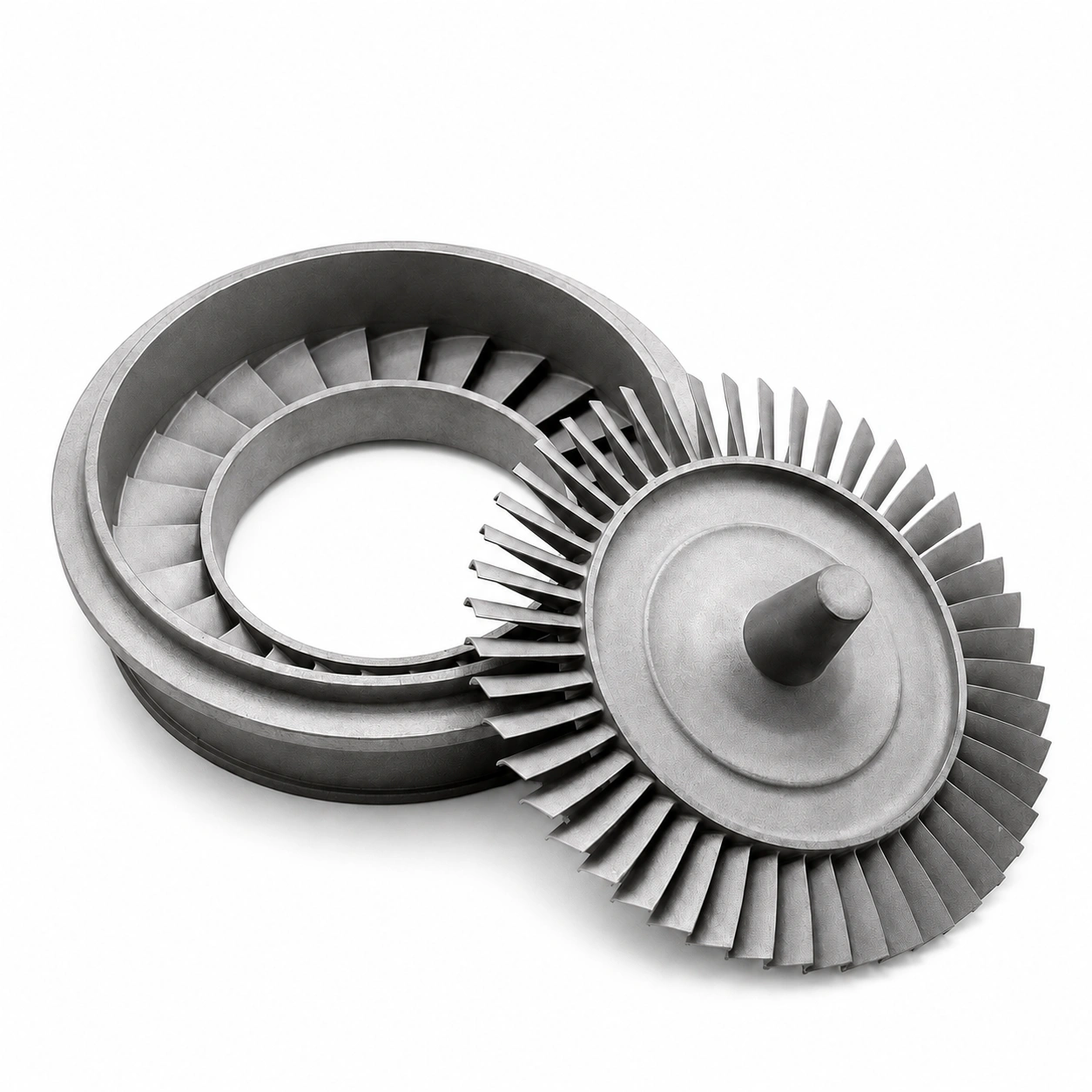 Precision CNC-machined superalloy turbine components with radial blades on a white background for aerospace and power generation applications.
