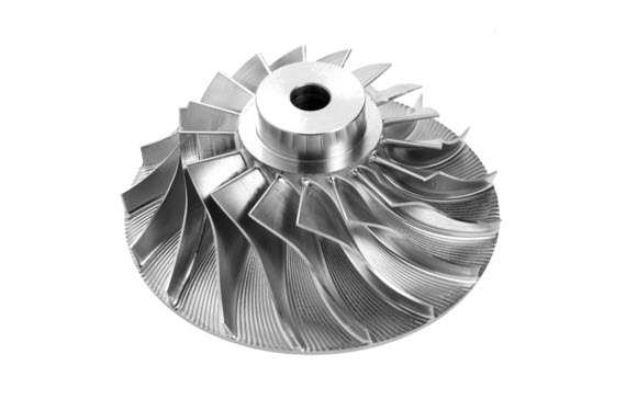 Precision 5-axis CNC machining of a titanium marine impeller from a near-net-shape casting, featuring complex airfoil blades.